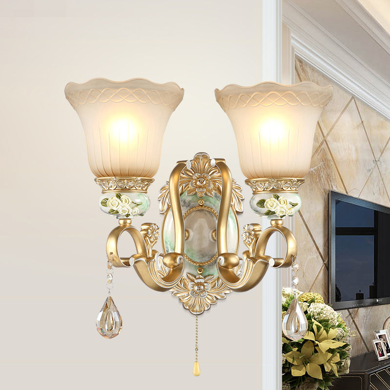 Wave-Trimmed Bell Opal Glass Wall Lamp Traditional 1/2-Head Living Room Sconce with Carved Rose Detail in Gold 2.0 Gold Clearhalo 'Wall Lamps & Sconces' 'Wall Lights' Lighting' 1400311