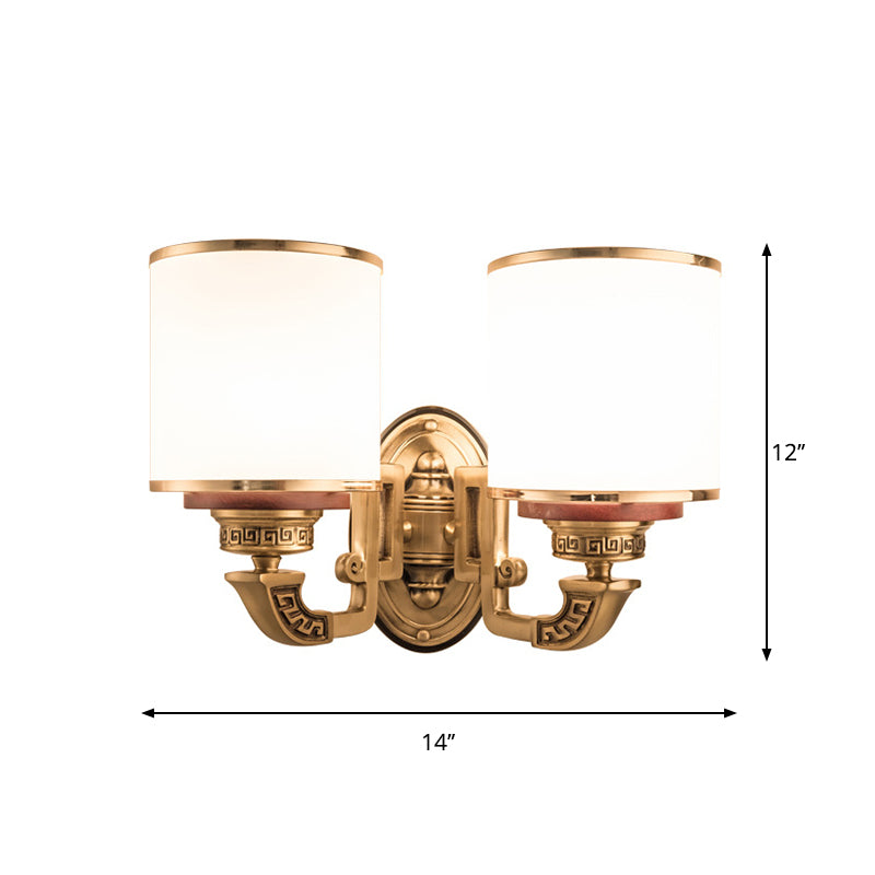 White Glass Cylinder Wall Mount Lamp Traditional 2 Bulbs Living Room Sconce Lighting in Brass Clearhalo 'Wall Lamps & Sconces' 'Wall Lights' Lighting' 1400331