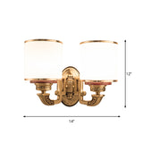 White Glass Cylinder Wall Mount Lamp Traditional 2 Bulbs Living Room Sconce Lighting in Brass Clearhalo 'Wall Lamps & Sconces' 'Wall Lights' Lighting' 1400331