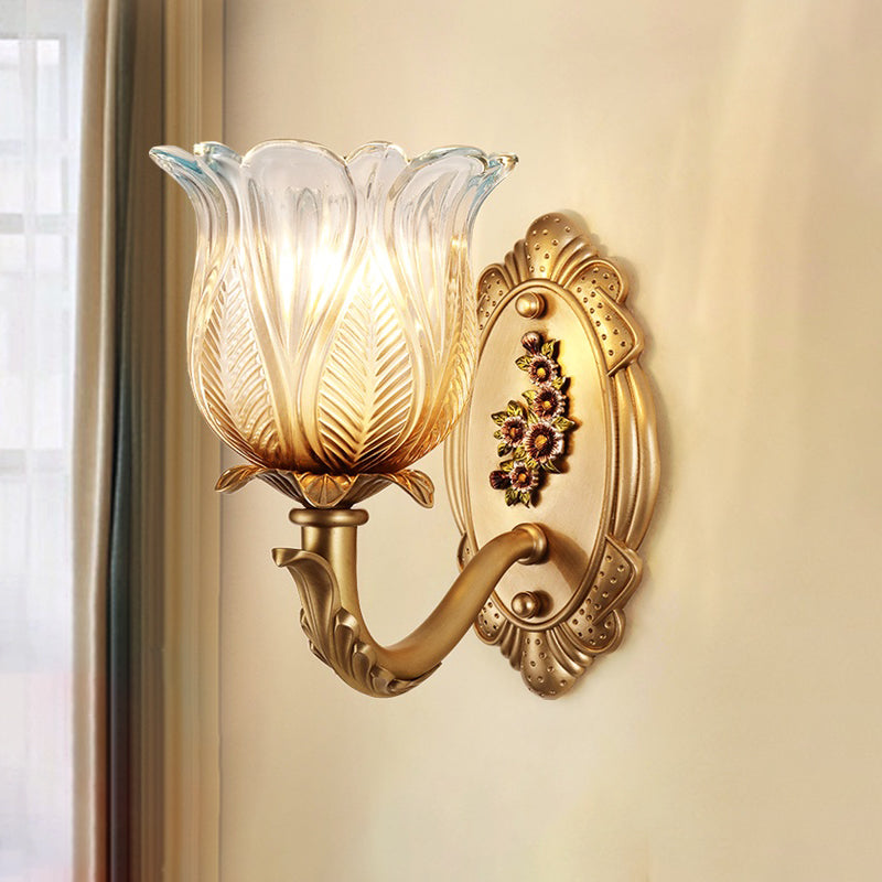 1/2-Bulb Carved Glass Sconce Lighting Vintage Gold Petals Bedroom Wall Mounted Lamp 1.0 Gold Clearhalo 'Wall Lamps & Sconces' 'Wall Lights' Lighting' 1400354