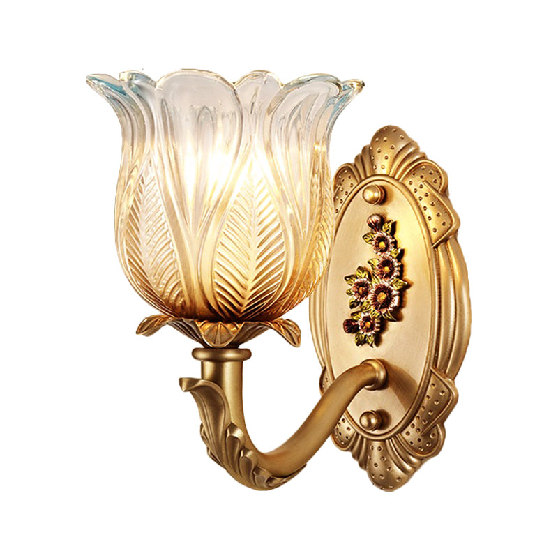 1/2-Bulb Carved Glass Sconce Lighting Vintage Gold Petals Bedroom Wall Mounted Lamp Clearhalo 'Wall Lamps & Sconces' 'Wall Lights' Lighting' 1400356