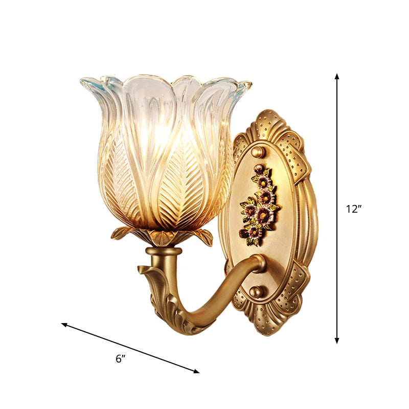 1/2-Bulb Carved Glass Sconce Lighting Vintage Gold Petals Bedroom Wall Mounted Lamp Clearhalo 'Wall Lamps & Sconces' 'Wall Lights' Lighting' 1400357