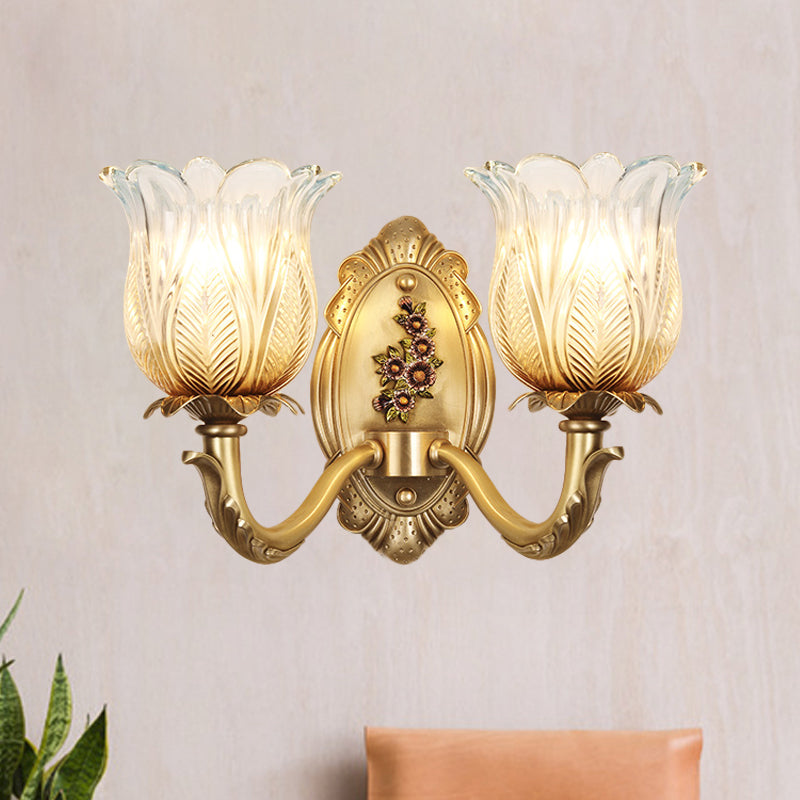 1/2-Bulb Carved Glass Sconce Lighting Vintage Gold Petals Bedroom Wall Mounted Lamp 2.0 Gold Clearhalo 'Wall Lamps & Sconces' 'Wall Lights' Lighting' 1400358