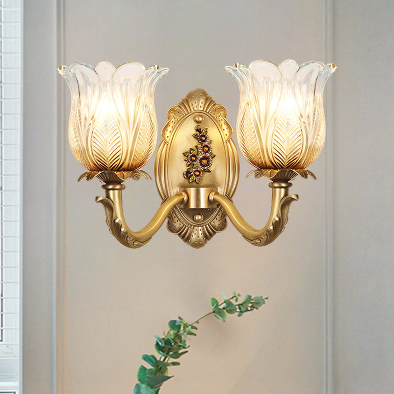 1/2-Bulb Carved Glass Sconce Lighting Vintage Gold Petals Bedroom Wall Mounted Lamp Clearhalo 'Wall Lamps & Sconces' 'Wall Lights' Lighting' 1400359