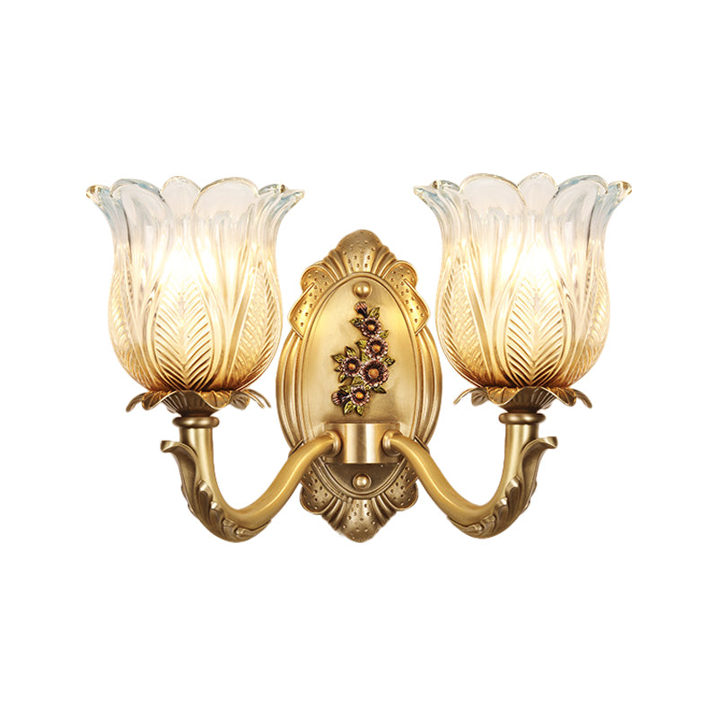 1/2-Bulb Carved Glass Sconce Lighting Vintage Gold Petals Bedroom Wall Mounted Lamp Clearhalo 'Wall Lamps & Sconces' 'Wall Lights' Lighting' 1400360