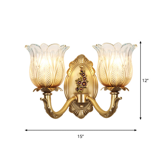 1/2-Bulb Carved Glass Sconce Lighting Vintage Gold Petals Bedroom Wall Mounted Lamp Clearhalo 'Wall Lamps & Sconces' 'Wall Lights' Lighting' 1400362