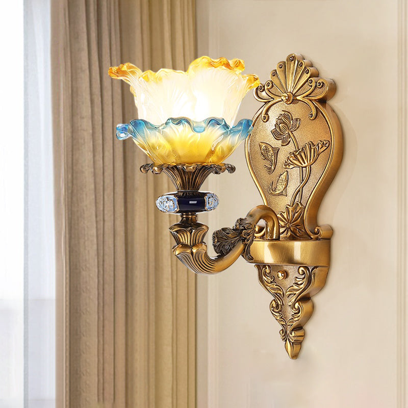 1/2-Light Wall Mount Light Fixture Retro Dining Room Sconce with Layered Ruffle Frosted Glass Shade in Brass 1.0 Brass Clearhalo 'Wall Lamps & Sconces' 'Wall Lights' Lighting' 1400363