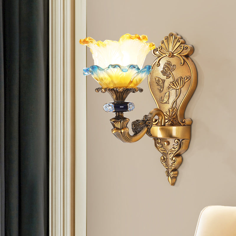 1/2-Light Wall Mount Light Fixture Retro Dining Room Sconce with Layered Ruffle Frosted Glass Shade in Brass Clearhalo 'Wall Lamps & Sconces' 'Wall Lights' Lighting' 1400364