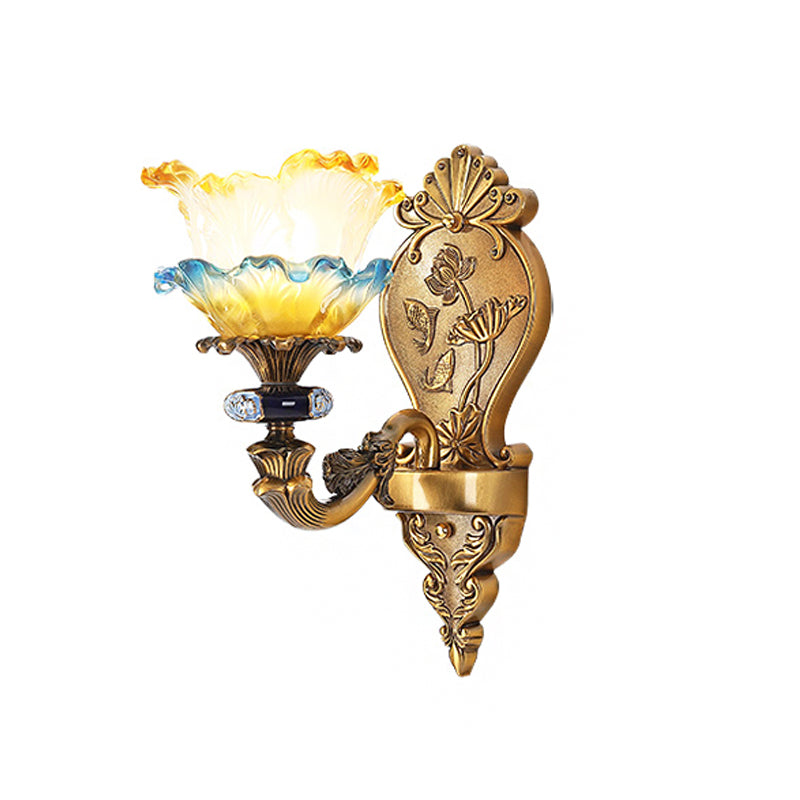 1/2-Light Wall Mount Light Fixture Retro Dining Room Sconce with Layered Ruffle Frosted Glass Shade in Brass Clearhalo 'Wall Lamps & Sconces' 'Wall Lights' Lighting' 1400365