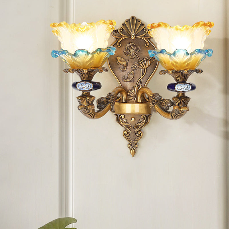 1/2-Light Wall Mount Light Fixture Retro Dining Room Sconce with Layered Ruffle Frosted Glass Shade in Brass 2.0 Brass Clearhalo 'Wall Lamps & Sconces' 'Wall Lights' Lighting' 1400367