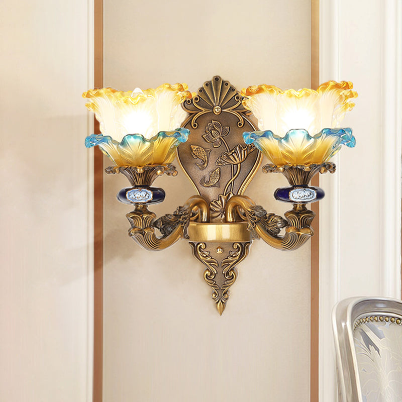 1/2-Light Wall Mount Light Fixture Retro Dining Room Sconce with Layered Ruffle Frosted Glass Shade in Brass Clearhalo 'Wall Lamps & Sconces' 'Wall Lights' Lighting' 1400368