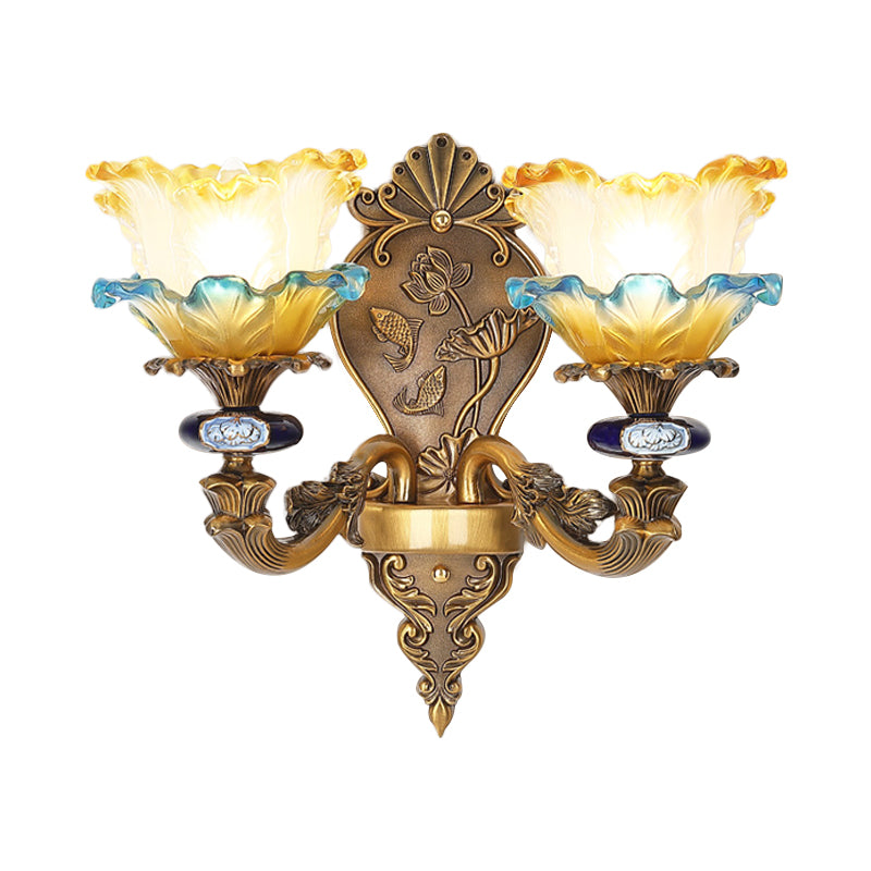 1/2-Light Wall Mount Light Fixture Retro Dining Room Sconce with Layered Ruffle Frosted Glass Shade in Brass Clearhalo 'Wall Lamps & Sconces' 'Wall Lights' Lighting' 1400369