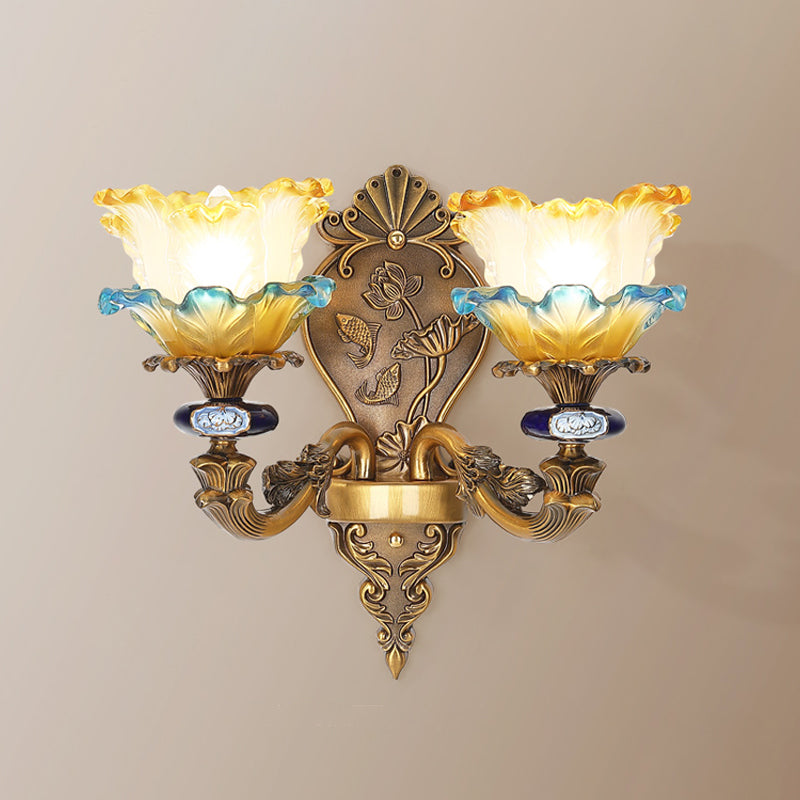 1/2-Light Wall Mount Light Fixture Retro Dining Room Sconce with Layered Ruffle Frosted Glass Shade in Brass Clearhalo 'Wall Lamps & Sconces' 'Wall Lights' Lighting' 1400370