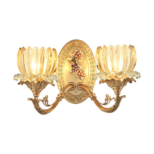 Antique Flower Wall Lamp 2 Lights Clear Ribbed Glass Sconce Lighting Fixture in Gold Clearhalo 'Wall Lamps & Sconces' 'Wall Lights' Lighting' 1400382