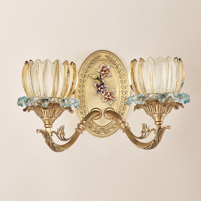 Antique Flower Wall Lamp 2 Lights Clear Ribbed Glass Sconce Lighting Fixture in Gold Clearhalo 'Wall Lamps & Sconces' 'Wall Lights' Lighting' 1400383