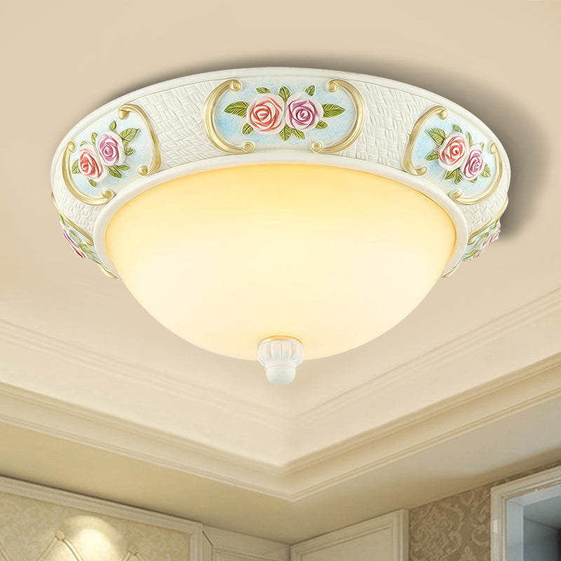 White Dome Ceiling Flush Light Rustic Opal Glass 15"/19" W 3-Bulb Dining Room Flushmount with Embossed Rose Decor White Clearhalo 'Ceiling Lights' 'Close To Ceiling Lights' 'Close to ceiling' 'Flush mount' Lighting' 1400389