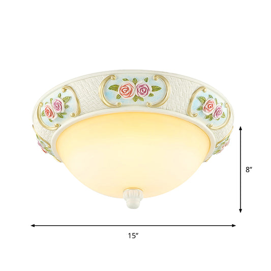 White Dome Ceiling Flush Light Rustic Opal Glass 15"/19" W 3-Bulb Dining Room Flushmount with Embossed Rose Decor Clearhalo 'Ceiling Lights' 'Close To Ceiling Lights' 'Close to ceiling' 'Flush mount' Lighting' 1400392