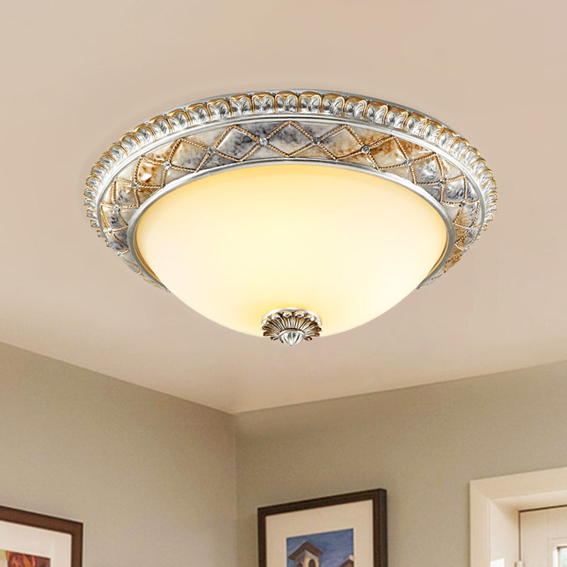 Dome Bedroom Ceiling Light Fixture Traditional Frosted White Glass 14"/16"/19.5" W 2/3-Head Gold/Silver Flush Mount Clearhalo 'Ceiling Lights' 'Close To Ceiling Lights' 'Close to ceiling' 'Flush mount' Lighting' 1400401