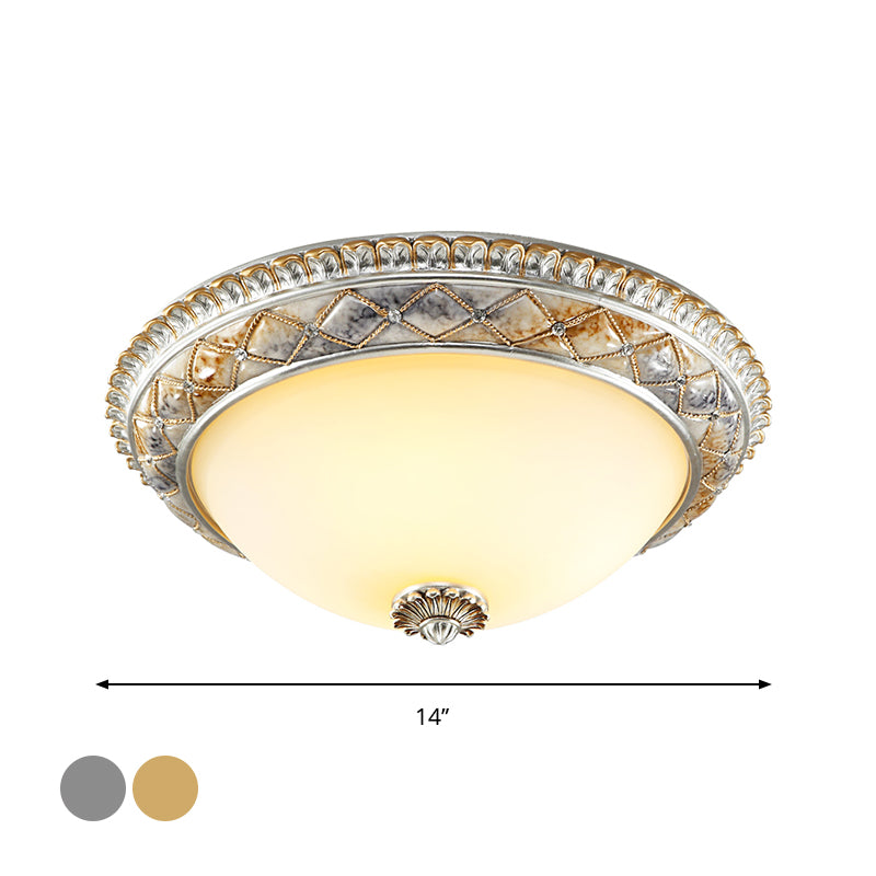 Dome Bedroom Ceiling Light Fixture Traditional Frosted White Glass 14"/16"/19.5" W 2/3-Head Gold/Silver Flush Mount Clearhalo 'Ceiling Lights' 'Close To Ceiling Lights' 'Close to ceiling' 'Flush mount' Lighting' 1400403