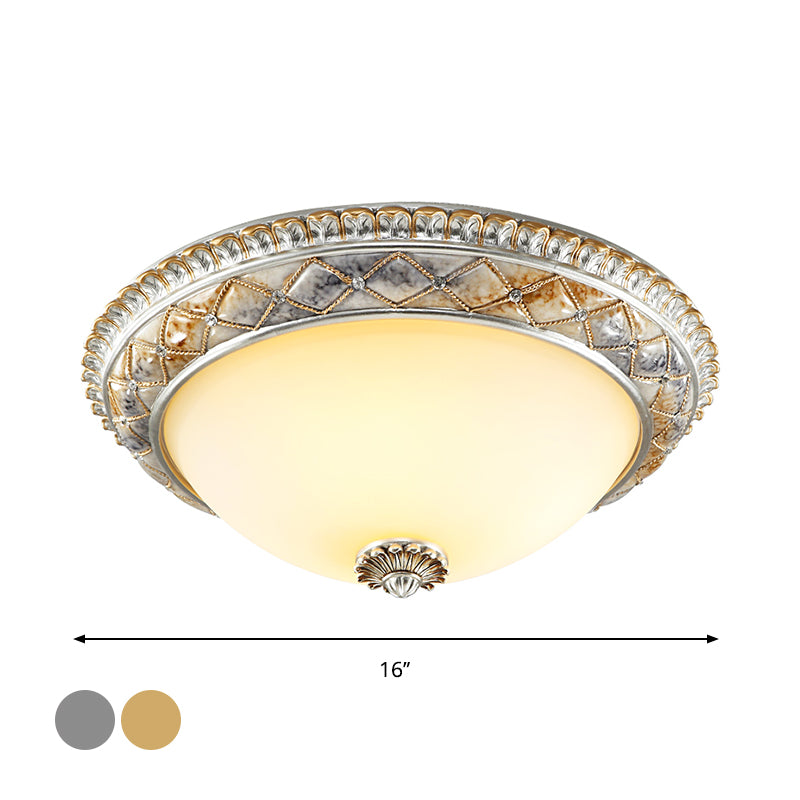 Dome Bedroom Ceiling Light Fixture Traditional Frosted White Glass 14"/16"/19.5" W 2/3-Head Gold/Silver Flush Mount Clearhalo 'Ceiling Lights' 'Close To Ceiling Lights' 'Close to ceiling' 'Flush mount' Lighting' 1400404