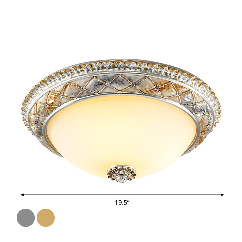 Dome Bedroom Ceiling Light Fixture Traditional Frosted White Glass 14"/16"/19.5" W 2/3-Head Gold/Silver Flush Mount Clearhalo 'Ceiling Lights' 'Close To Ceiling Lights' 'Close to ceiling' 'Flush mount' Lighting' 1400405