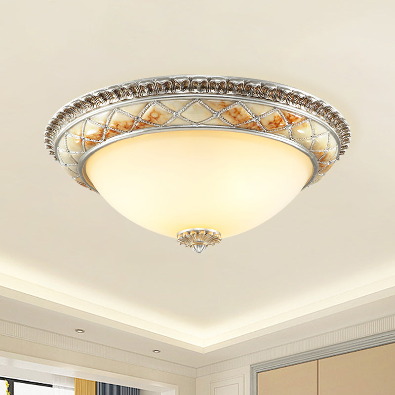 Dome Bedroom Ceiling Light Fixture Traditional Frosted White Glass 14"/16"/19.5" W 2/3-Head Gold/Silver Flush Mount Silver Clearhalo 'Ceiling Lights' 'Close To Ceiling Lights' 'Close to ceiling' 'Flush mount' Lighting' 1400406