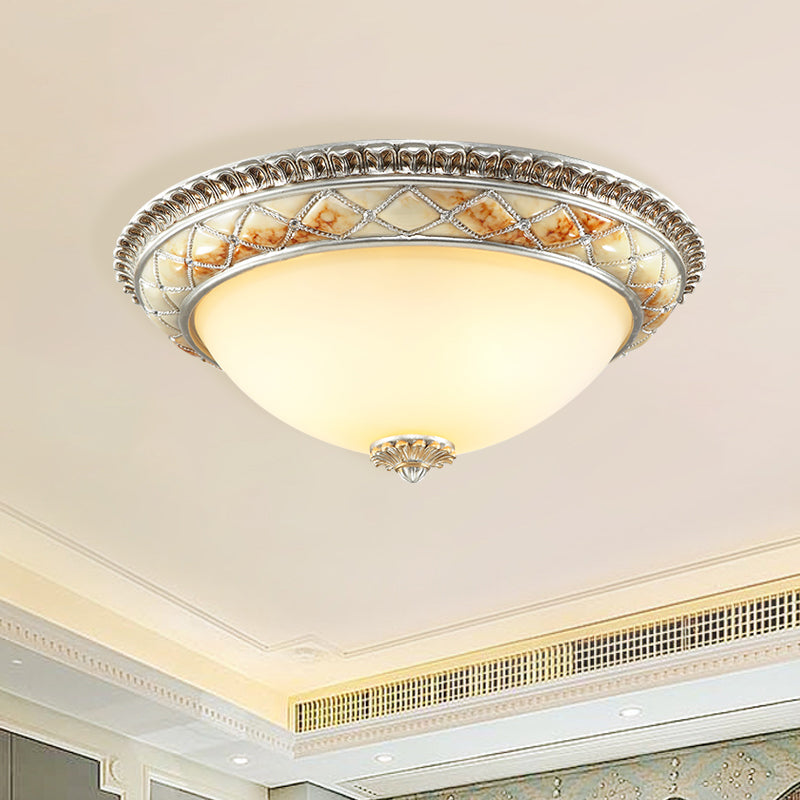 Dome Bedroom Ceiling Light Fixture Traditional Frosted White Glass 14"/16"/19.5" W 2/3-Head Gold/Silver Flush Mount Clearhalo 'Ceiling Lights' 'Close To Ceiling Lights' 'Close to ceiling' 'Flush mount' Lighting' 1400407