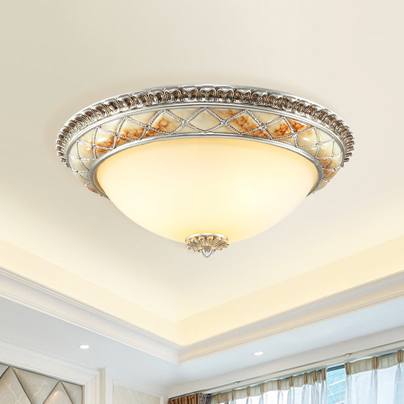 Dome Bedroom Ceiling Light Fixture Traditional Frosted White Glass 14"/16"/19.5" W 2/3-Head Gold/Silver Flush Mount Clearhalo 'Ceiling Lights' 'Close To Ceiling Lights' 'Close to ceiling' 'Flush mount' Lighting' 1400408