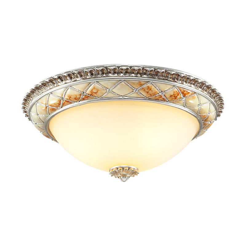 Dome Bedroom Ceiling Light Fixture Traditional Frosted White Glass 14"/16"/19.5" W 2/3-Head Gold/Silver Flush Mount Clearhalo 'Ceiling Lights' 'Close To Ceiling Lights' 'Close to ceiling' 'Flush mount' Lighting' 1400409