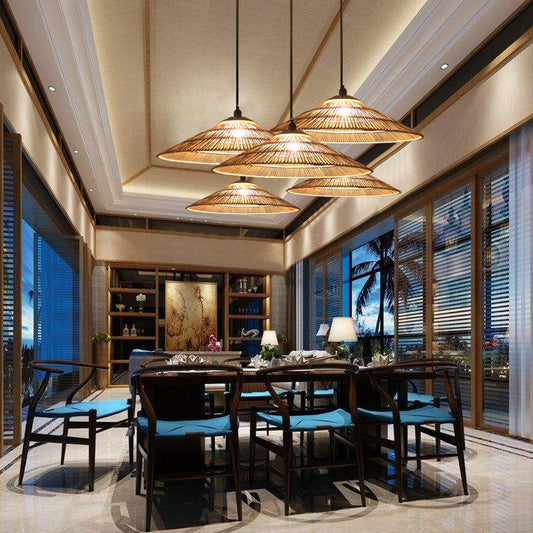 Asian Single Bulb Pendant Lamp with Hand-Woven Rattan Brown Tapered Hanging Light for Restaurant Living Room Clearhalo 'Ceiling Lights' 'Pendant Lights' 'Pendants' Lighting' 140040