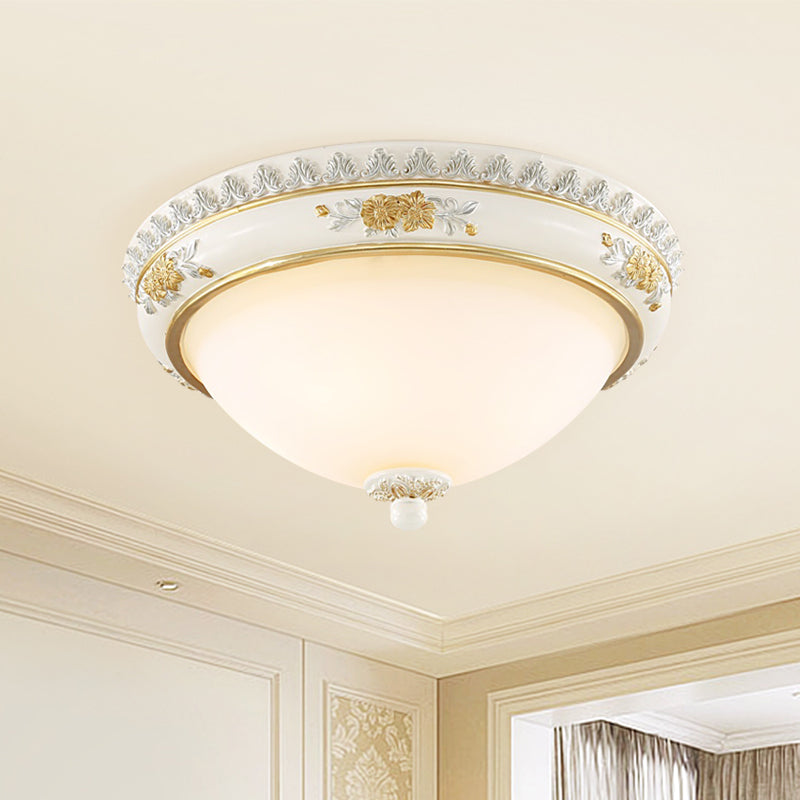 White 2/3 Heads Ceiling Flush Traditional Milk Glass Dome Flushmount Lighting for Bedroom, 13"/14.5"/18.5" Dia Clearhalo 'Ceiling Lights' 'Close To Ceiling Lights' 'Close to ceiling' 'Flush mount' Lighting' 1400417