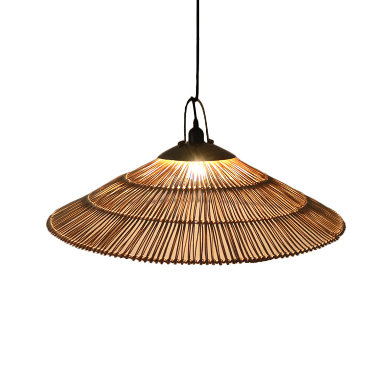 Asian Single Bulb Pendant Lamp with Hand-Woven Rattan Brown Tapered Hanging Light for Restaurant Living Room Clearhalo 'Ceiling Lights' 'Pendant Lights' 'Pendants' Lighting' 140042