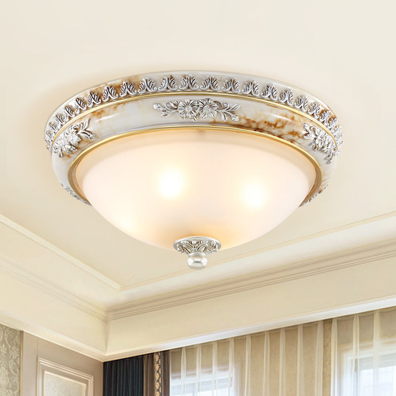 Frosted Glass White Ceiling Lamp Hemispherical 2/3-Light 13"/14.5"/18.5" Wide Antiqued Style Flush Light Fixture White Clearhalo 'Ceiling Lights' 'Close To Ceiling Lights' 'Close to ceiling' 'Flush mount' Lighting' 1400422