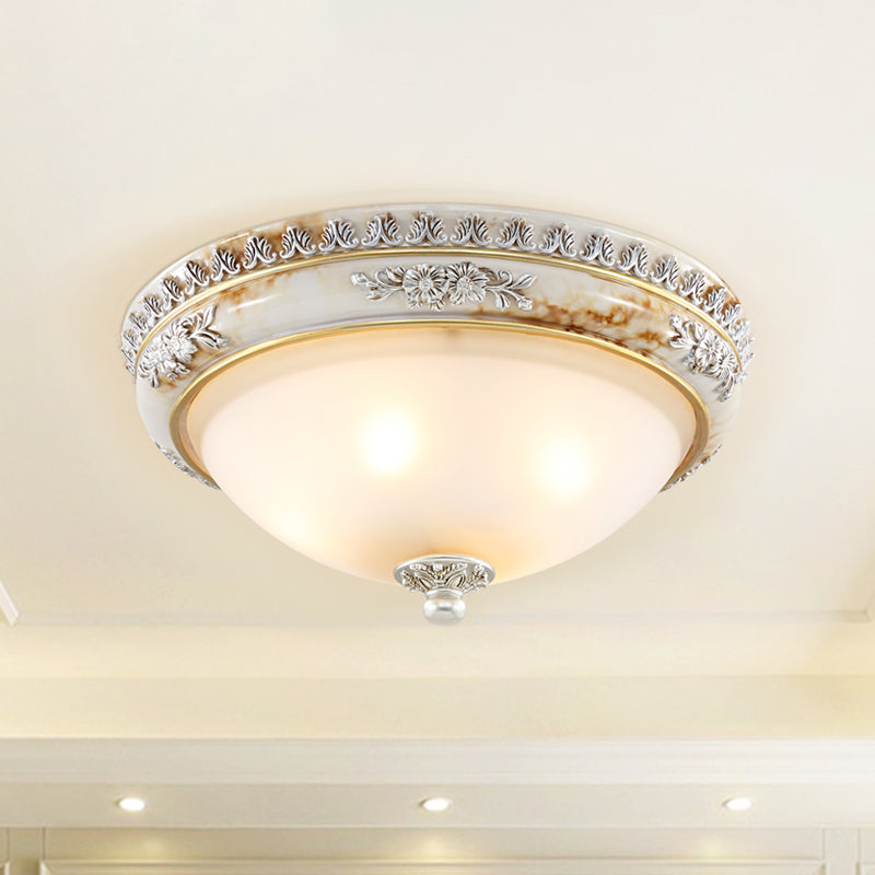 Frosted Glass White Ceiling Lamp Hemispherical 2/3-Light 13"/14.5"/18.5" Wide Antiqued Style Flush Light Fixture Clearhalo 'Ceiling Lights' 'Close To Ceiling Lights' 'Close to ceiling' 'Flush mount' Lighting' 1400423