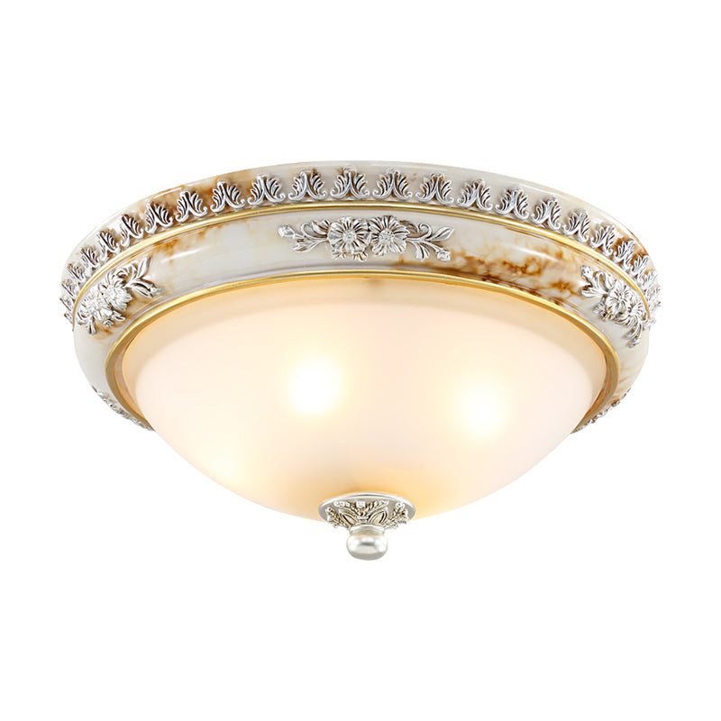 Frosted Glass White Ceiling Lamp Hemispherical 2/3-Light 13"/14.5"/18.5" Wide Antiqued Style Flush Light Fixture Clearhalo 'Ceiling Lights' 'Close To Ceiling Lights' 'Close to ceiling' 'Flush mount' Lighting' 1400424