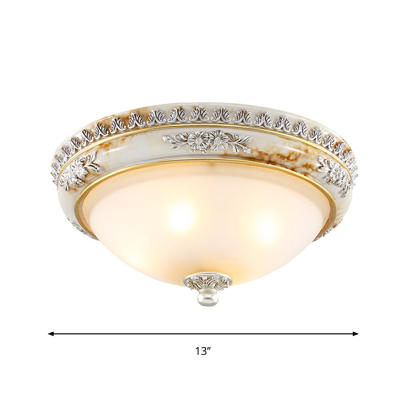 Frosted Glass White Ceiling Lamp Hemispherical 2/3-Light 13"/14.5"/18.5" Wide Antiqued Style Flush Light Fixture Clearhalo 'Ceiling Lights' 'Close To Ceiling Lights' 'Close to ceiling' 'Flush mount' Lighting' 1400425