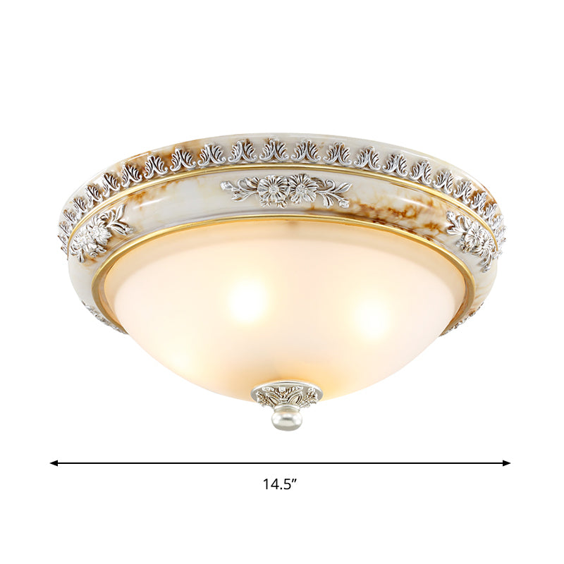 Frosted Glass White Ceiling Lamp Hemispherical 2/3-Light 13"/14.5"/18.5" Wide Antiqued Style Flush Light Fixture Clearhalo 'Ceiling Lights' 'Close To Ceiling Lights' 'Close to ceiling' 'Flush mount' Lighting' 1400426