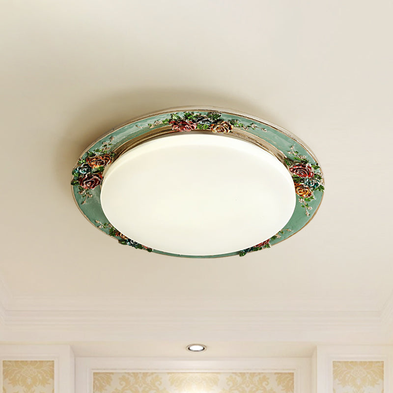 Handcrafted Rose Round Resin Flush Mount Retro Bedroom LED Close to Ceiling Light in Beige/Green/Silver Grey Green Clearhalo 'Ceiling Lights' 'Close To Ceiling Lights' 'Close to ceiling' 'Flush mount' Lighting' 1400436