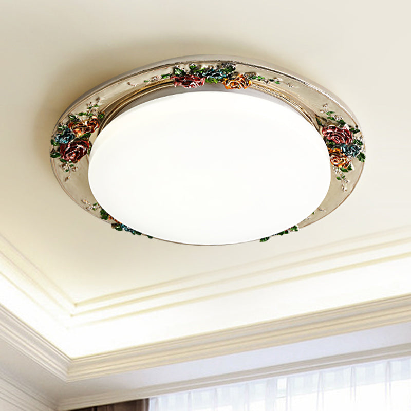 Handcrafted Rose Round Resin Flush Mount Retro Bedroom LED Close to Ceiling Light in Beige/Green/Silver Grey Beige Clearhalo 'Ceiling Lights' 'Close To Ceiling Lights' 'Close to ceiling' 'Flush mount' Lighting' 1400440