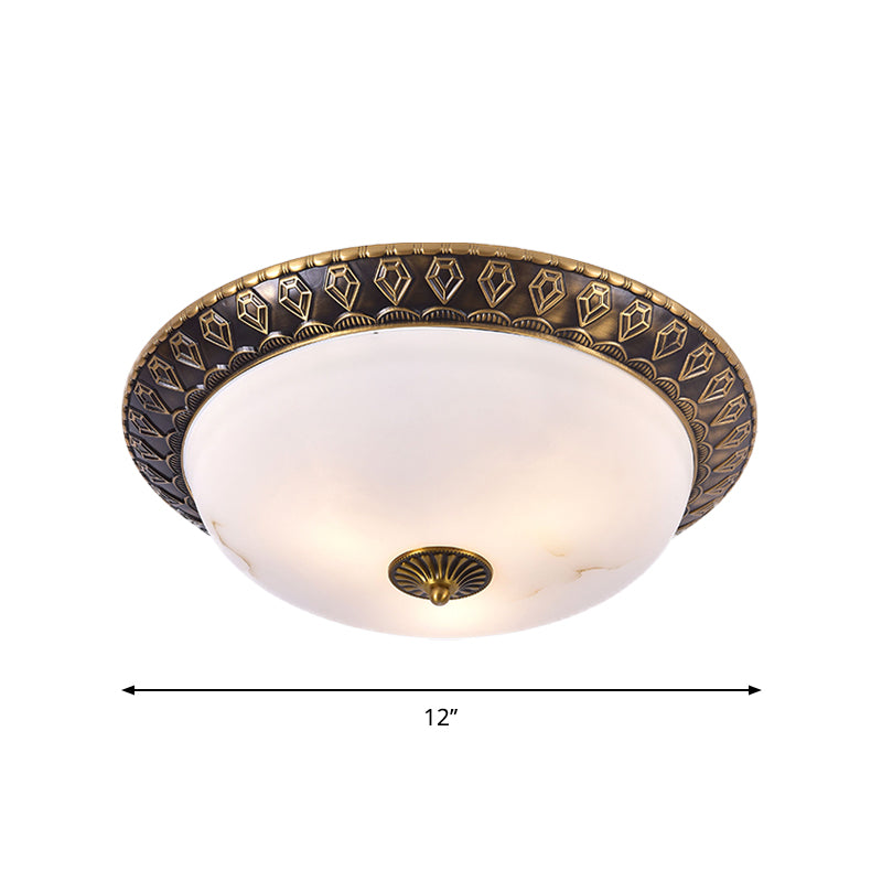 2/3 Heads Flush Mount Lamp Traditional Living Room Ceiling Light with Bowl Milk Glass Shade in Brass, 14"/16"/19.5" W Clearhalo 'Ceiling Lights' 'Close To Ceiling Lights' 'Close to ceiling' 'Flush mount' Lighting' 1400464