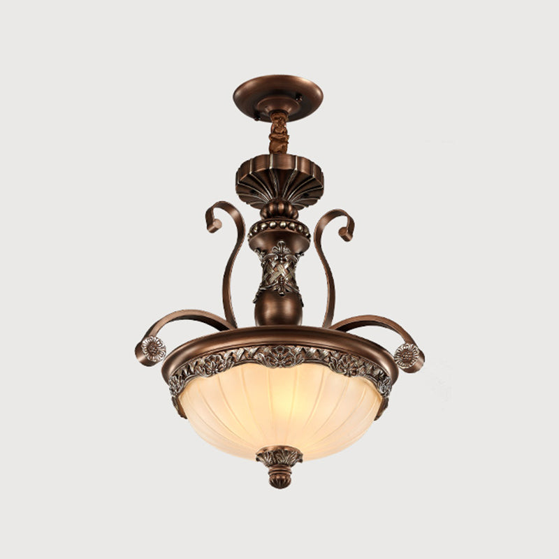 White Ribbed Glass Bowl Shade Pendant Traditional 3 Lights Dining Room Down Lighting in Bronze Clearhalo 'Ceiling Lights' 'Close To Ceiling Lights' 'Glass shade' 'Glass' 'Pendant Lights' 'Pendants' Lighting' 1400469