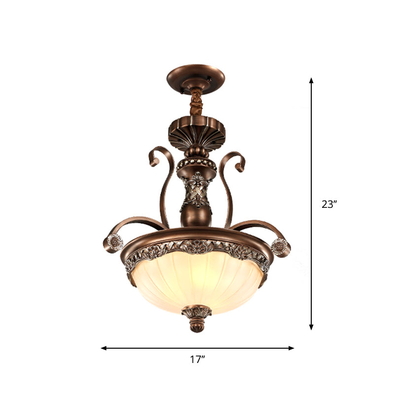 White Ribbed Glass Bowl Shade Pendant Traditional 3 Lights Dining Room Down Lighting in Bronze Clearhalo 'Ceiling Lights' 'Close To Ceiling Lights' 'Glass shade' 'Glass' 'Pendant Lights' 'Pendants' Lighting' 1400470