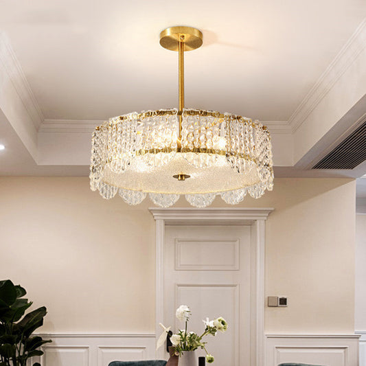 Drum Embossed Clear Crystal Chandelier Contemporary 4 Heads Bedroom Hanging Lamp Kit Clear Clearhalo 'Ceiling Lights' 'Chandeliers' 'Clear' 'Industrial' 'Modern Chandeliers' 'Modern' 'Tiffany' 'Traditional Chandeliers' Lighting' 1400508