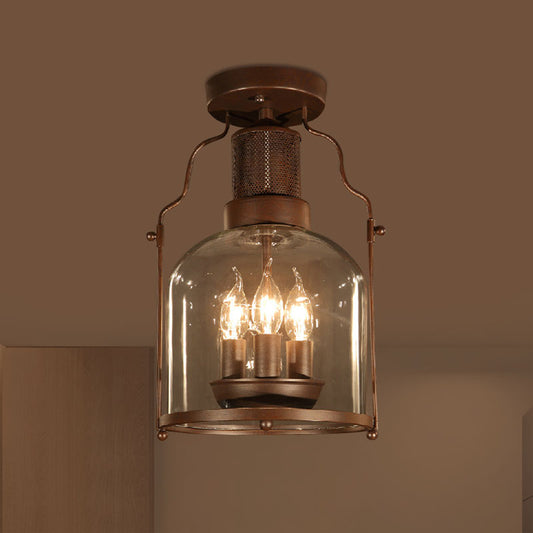 3-Light Ceiling Light Fixture with Dome Shade Clear Glass Rustic Living Room Semi Flush in Rust Rust Clearhalo 'Ceiling Lights' 'Chandeliers' 'Close To Ceiling Lights' 'Close to ceiling' 'Glass shade' 'Glass' 'Semi-flushmount' Lighting' 1400526