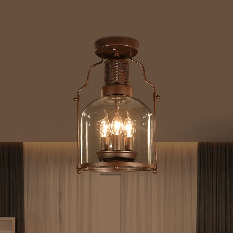 3-Light Ceiling Light Fixture with Dome Shade Clear Glass Rustic Living Room Semi Flush in Rust Clearhalo 'Ceiling Lights' 'Chandeliers' 'Close To Ceiling Lights' 'Close to ceiling' 'Glass shade' 'Glass' 'Semi-flushmount' Lighting' 1400527