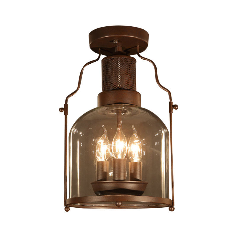 3-Light Ceiling Light Fixture with Dome Shade Clear Glass Rustic Living Room Semi Flush in Rust Clearhalo 'Ceiling Lights' 'Chandeliers' 'Close To Ceiling Lights' 'Close to ceiling' 'Glass shade' 'Glass' 'Semi-flushmount' Lighting' 1400528