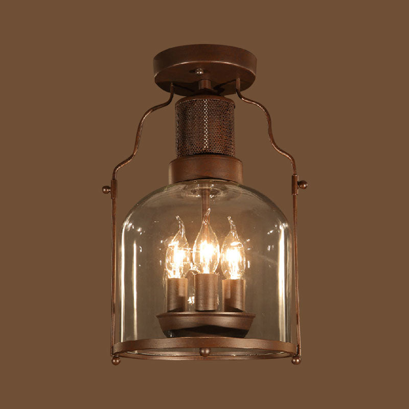 3-Light Ceiling Light Fixture with Dome Shade Clear Glass Rustic Living Room Semi Flush in Rust Clearhalo 'Ceiling Lights' 'Chandeliers' 'Close To Ceiling Lights' 'Close to ceiling' 'Glass shade' 'Glass' 'Semi-flushmount' Lighting' 1400529