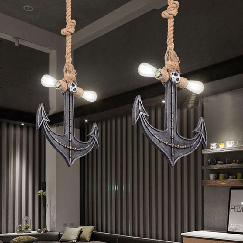 Nautical Anchor Hanging Pendant Metal 2 Bulbs Hanging Light in Gray for Bedroom Lighting Clearhalo 'Ceiling Lights' 'Chandeliers' Lighting' options 1400556