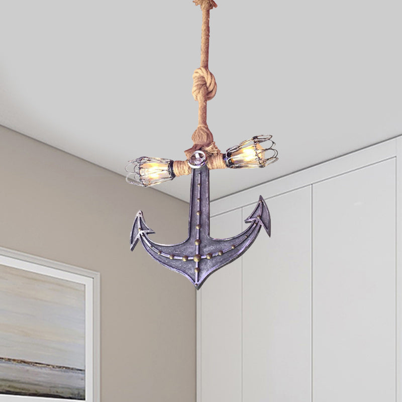 Nautical Anchor Hanging Pendant Metal 2 Bulbs Hanging Light in Gray for Bedroom Lighting Clearhalo 'Ceiling Lights' 'Chandeliers' Lighting' options 1400566