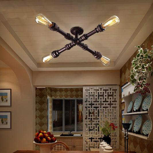 4 Lights Tubing Ceiling Light with Bare Bulb Industrial Style Oil Rubbed Bronze Iron Semi Flush Light Copper Clearhalo 'Ceiling Lights' 'Close To Ceiling Lights' 'Close to ceiling' 'Semi-flushmount' Lighting' 140063